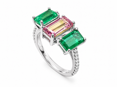 Elegant 14K White Gold 3.20ct Emerald, Gemstone & Natural Diamond Ring. טבעת זהב לבן 14 קרט 