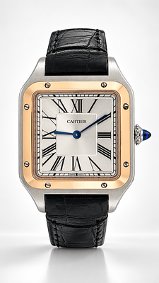 Cartier Santos Luxury Square Watch with Gold Bezel & Black Leather Strap. An elegant and 