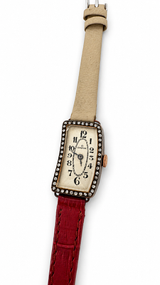 Antique Omega Art Deco Rectangular Wristwatch with Old-Cut Diamond-Style Set Bezel. An elegant 