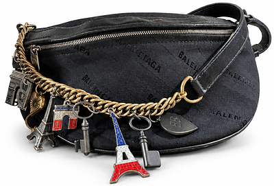 Vintage Balenciaga Black Logo Shoulder Bag with Gold-Tone Charm Chain. A distinctive 