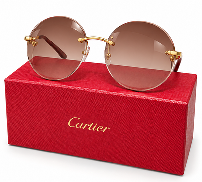 Cartier Round Rimless Sunglasses with Brown Gradient Lenses & Gold-Tone Details. An elegant pair 