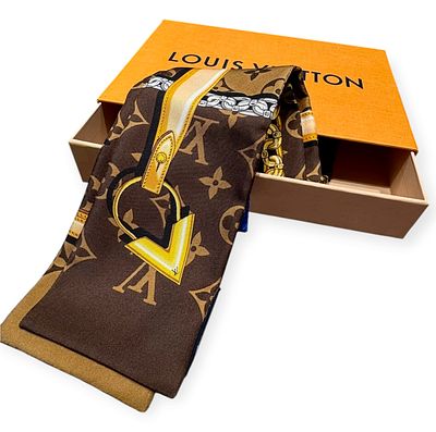 Louis Vuitton Monogram Confidential Silk Bandeau Scarf in Brown & Gold. An elegant and luxurious 