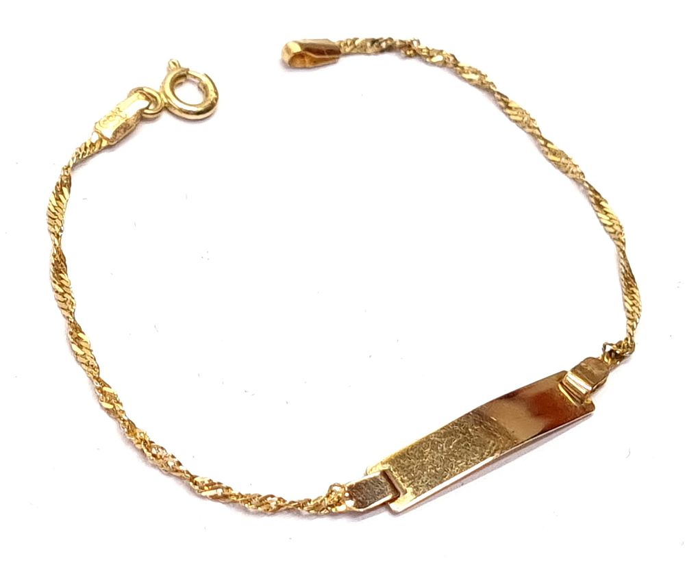 צמיד זהב 14k לתינוק/ת, נראה כחדש. חתום 585. 
משקל: 1.1 גרם 
אורך צמיד מקסימלי כ- 14 ס"מ 
מידות 