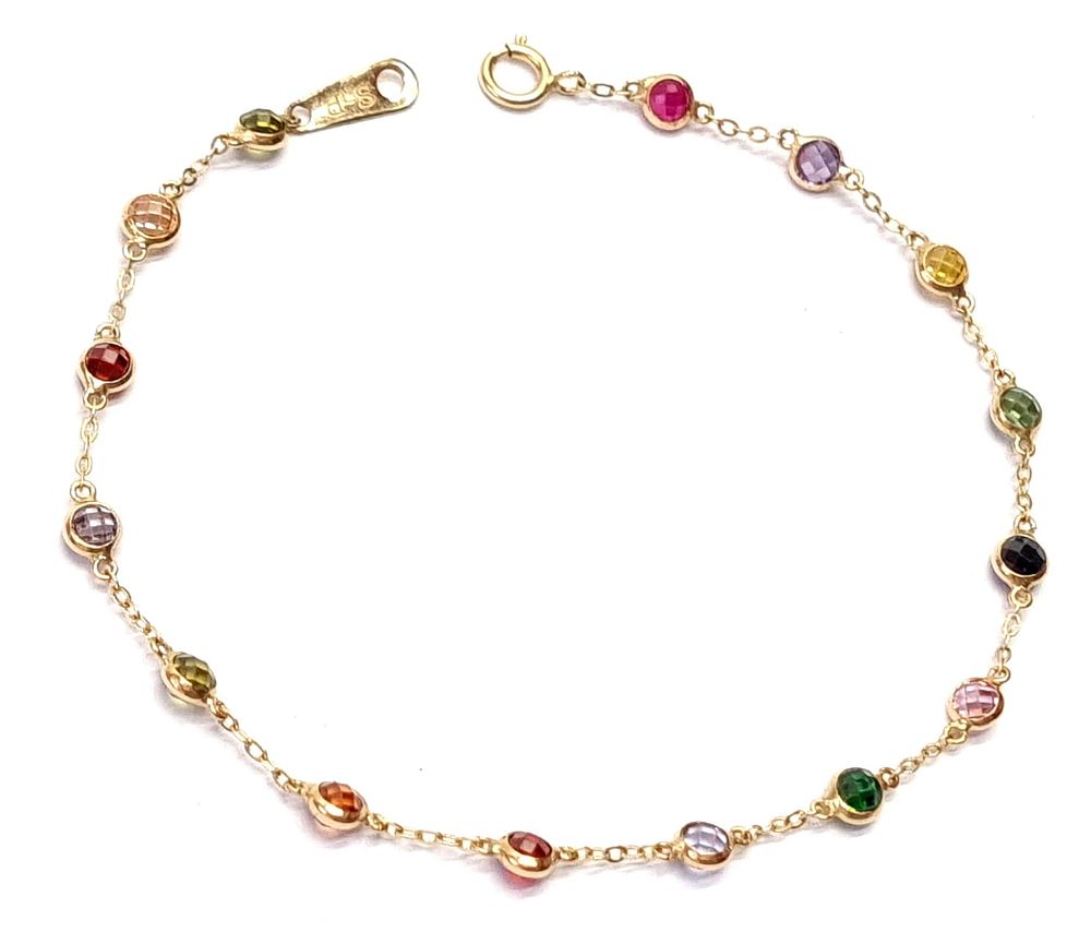 צמיד זהב 14k, וינטג', עדין ודק. משובץ אבנים צבעוניות. חתום בסוגר 585. 
משקל: 2.1 גרם 
אורך צמיד 