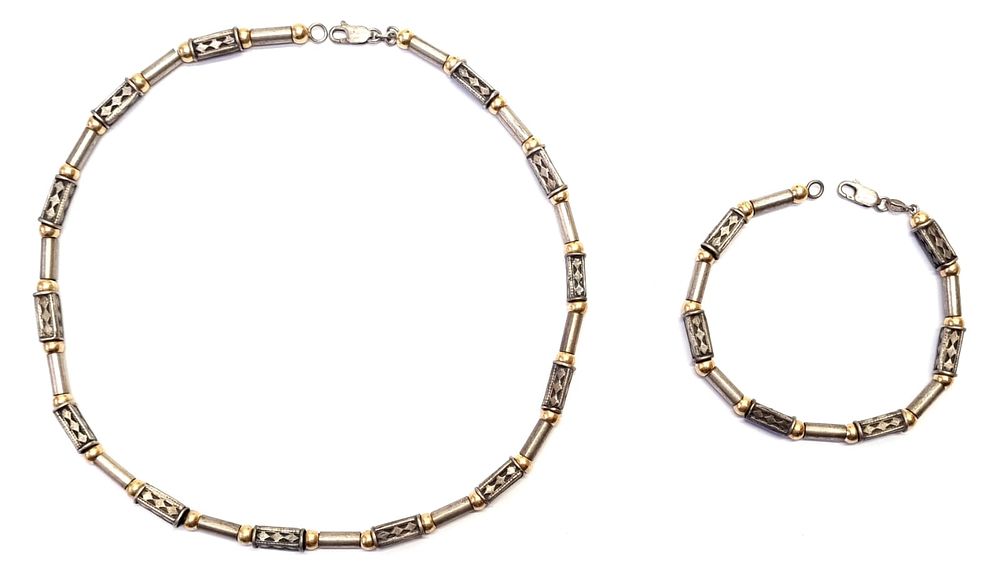 סט תכשיטי כסף, שרשרת וצמיד, וינטג', מאסיבי ויפהפה. משולבים חרוזים מוזהבים. חתומים בסוגר 925. 