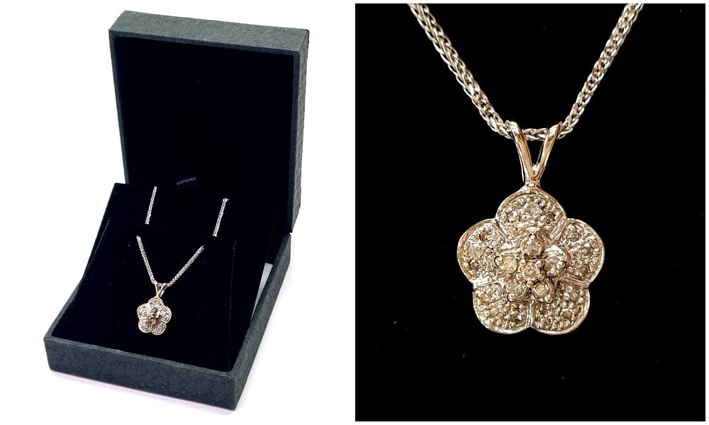 שרשרת ותליון זהב לבן 14k יוקרתית ונאה, תליון בדגם פרח משובץ יהלומים טבעיים קטנים, משקל יהלומים 