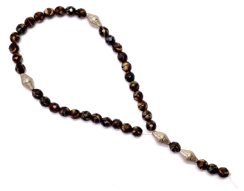 מסבחה איכותית מאוד. אבני חן לברודייט? בשילוב חרוזים מוכספים. 
אורך מקצה לקצה כ- 26.5 ס"מ 
משקל: 