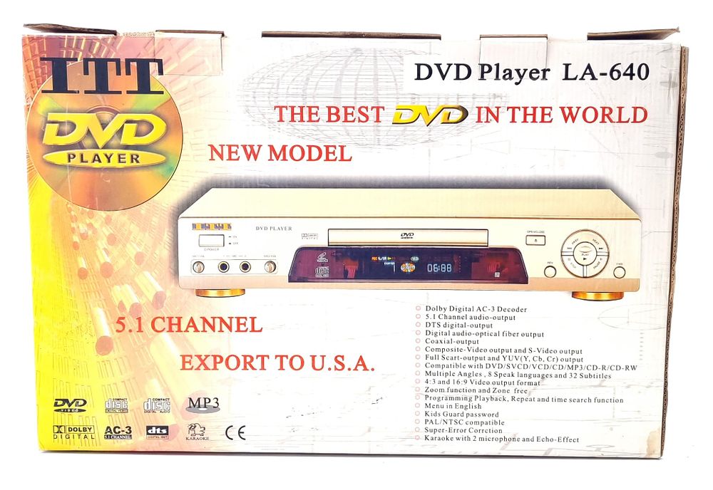 מכשיר DVD איכותי. חדש לחלוטין. מנוילן ובאריזה מקורית. 
מידות מארז כ- 32x50 ס"מ
