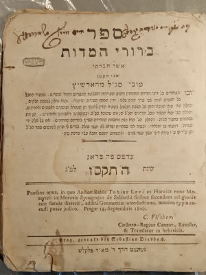 Birurei Hamidos by Rav Tuvia Segal, Ab"d of Mezritch, on laws of measuring techumin. With maps. 
