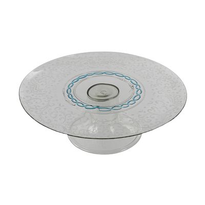 Alzata centrotavola in vetro sottilissimo con decori floreali e particolari azzurri. Misure: &Oslash; 