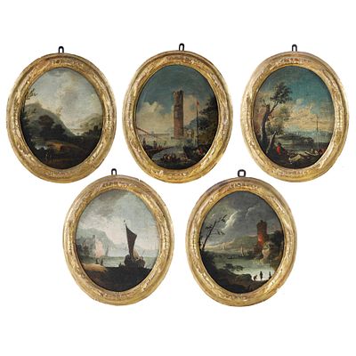 Cinque dipinti ovali paesaggi - Marche. N&deg;5 dipinti Olio su tela, raffiguranti paesaggi con 
