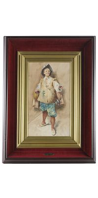 Salvatore Postiglione
(Napoli 1861 - Napoli 1906) - Moschettiere con fiasco. Dipinto acquerello su 