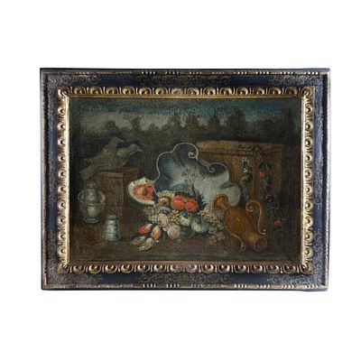Natura morta - Italia centrale. Dipinto olio su tela raffigurante natura morta con vassoio a 