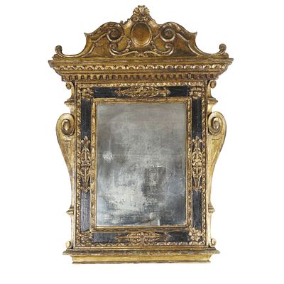 Cornice stile Sansovino - Toscana. Cornice intagliata e dorata "a cassetta" in lacca nera e oro 