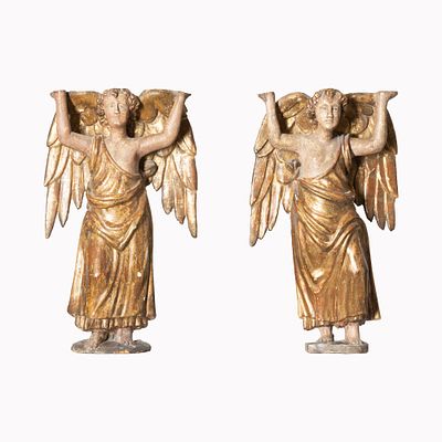 Coppia di sculture - XVI secolo - centro Italia. Coppia di sculture lignee dorate e 