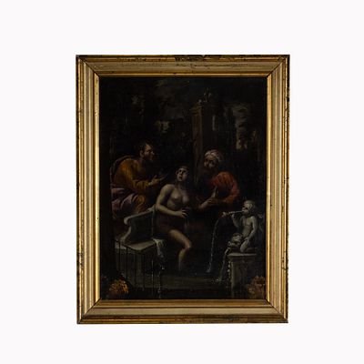 Susanna e i Vecchioni - Centro Italia. Dipinto olio su tela raffigurante "Susanna e i 