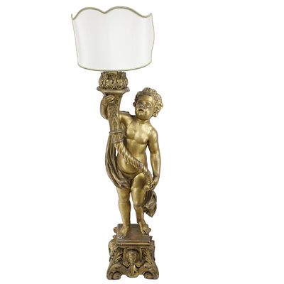 Grande scultura lignea raffigurante Putto - XIX secolo. Importante scultura lignea dorata a 