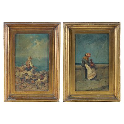 Coppia di marine napoletane con figure. Coppia di dipinti olio su tavola, scuola napoletana del 