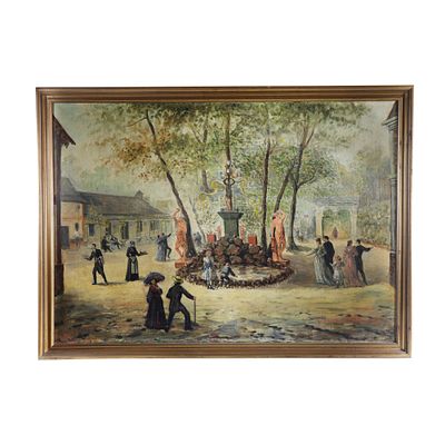 Emile Bujon
(XIX secolo) - Scena di piazza con personaggi. Grande dipinto olio su tela raffigurante 