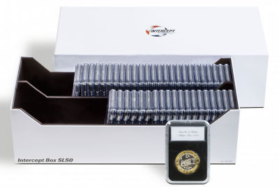 Box for 50 coin slabs(NGC/PCGS), Leuchtturm, New. Size: 321 x 152 x 97 mm. 
We are importers 