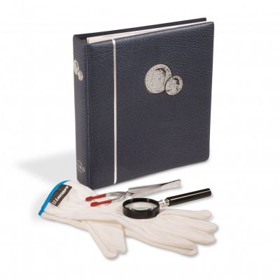 Set of 4 items for beginner coin collector - NUMIS Coin Album, Magnifier, Pair of Gloves and 