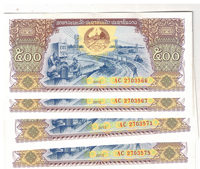 LAOS 500 KIP 2015 GEM UNC ( 10 PCS) S NO 2703566 TO 2703575