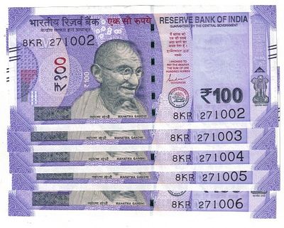 100 RS ( 5 NOTE ) UNC FANCY NUMBER WITH BD NOTE 271002 TO 271006