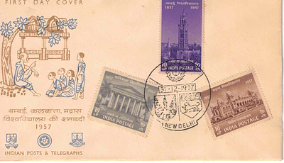 INDIA CENTENARY OF UNIVERSITIES BOMBAY CALCUTTA MADRAS NEW DELHI CANCELLED 1957 FDC