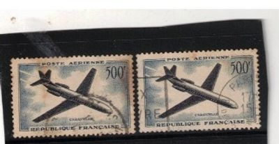 FRANCE 1957 500 F ( 2STAMPS) USED AIRMAIL CARAVELLE SG FR 1319