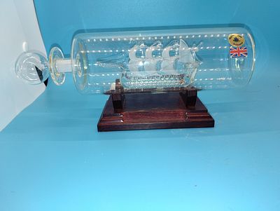 VERY NICE MAYFLOWER GLASS SHIP IN A BOTTLE ON WOODEN STAND