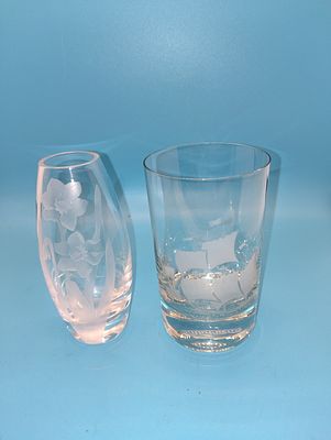 TWO ETCHED PIECES VASE AND TUMBLER FEATURING SHIP AND FLORAL