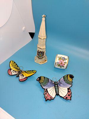 VERY NICE SELECTION OF TWO ENAMEL BUTTERFLIES, CRESTED WARE AND AYNSLEY NAPKIN RING