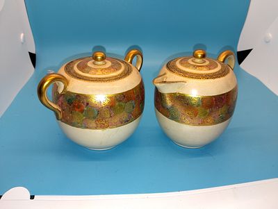 LOVELY Japanese Satsuma Pottery Sugar Bowl & Milk Jug. LOVELY Japanese Satsuma Pottery Sugar 