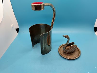 LOVELY PEWTER SWAN DISH AND METAL WINE BOTTLE HOLDER