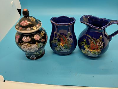 VERY NICE THREE PIECES INCLUDING SMALL LIIDED VASE AND SMALL LIDDED JUG AND VASE