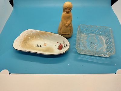 LOVELY ANTIQUE FIGURE, THISTLE GLASS DISH AND CHINA DISH
