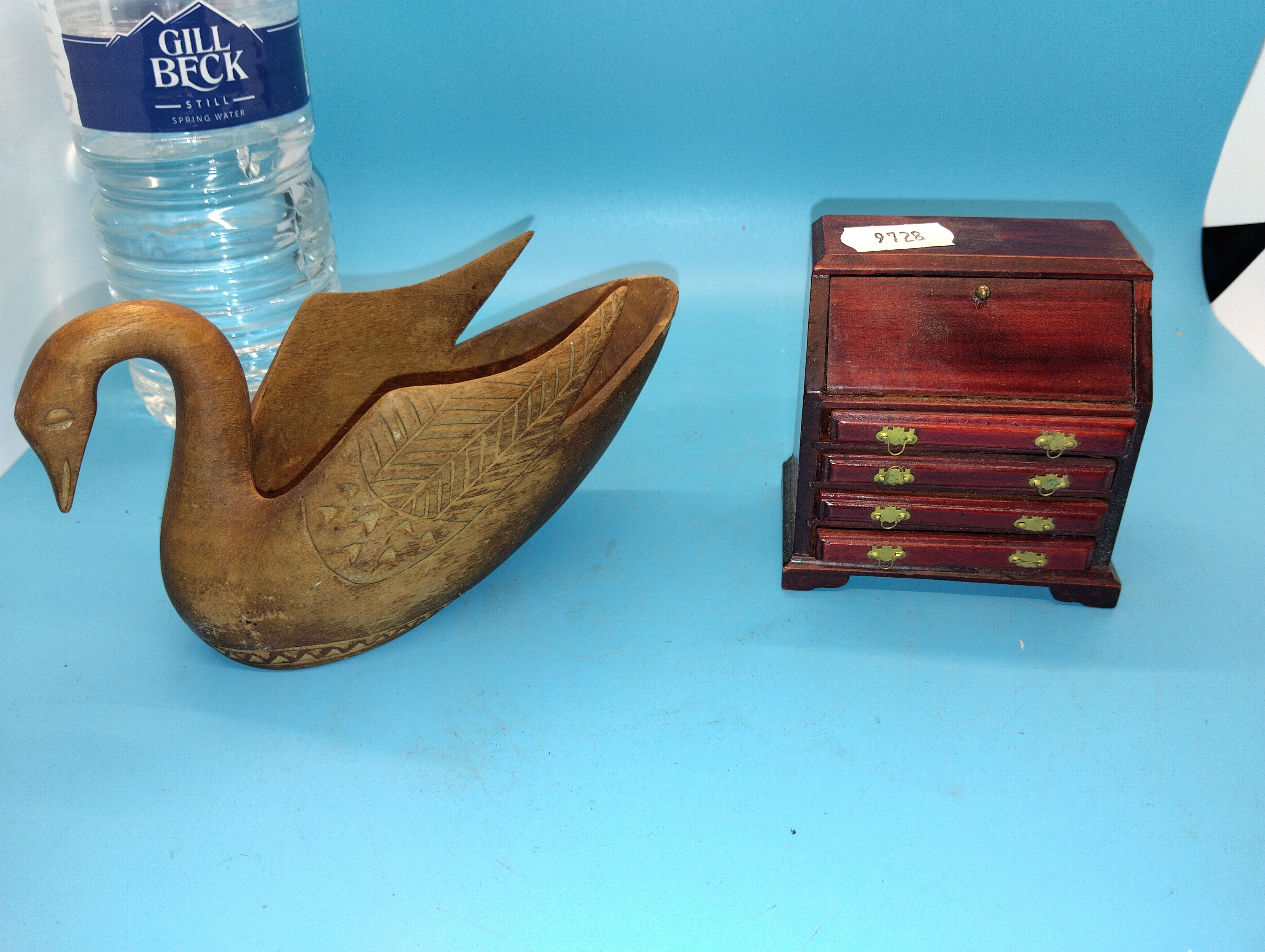 VERY GOOD MINITURE WOODEN WRITING BUREAU AND A WOODEN DUCK