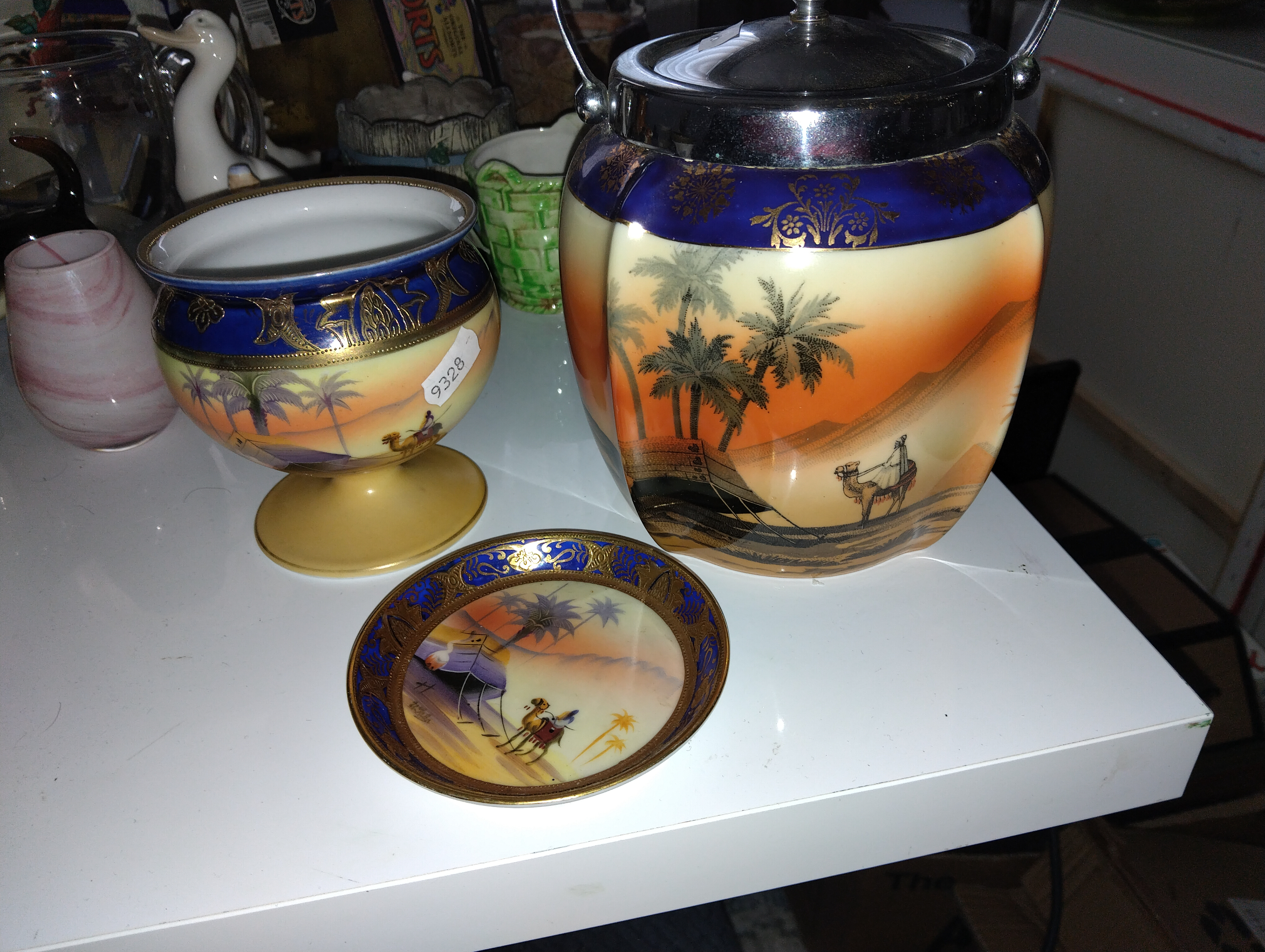 LOVELY COLLECTION OF THREE PIECES OF BOHEMIAN SCENIC CHINS INCLUDING BISCUIT BARREL ETC