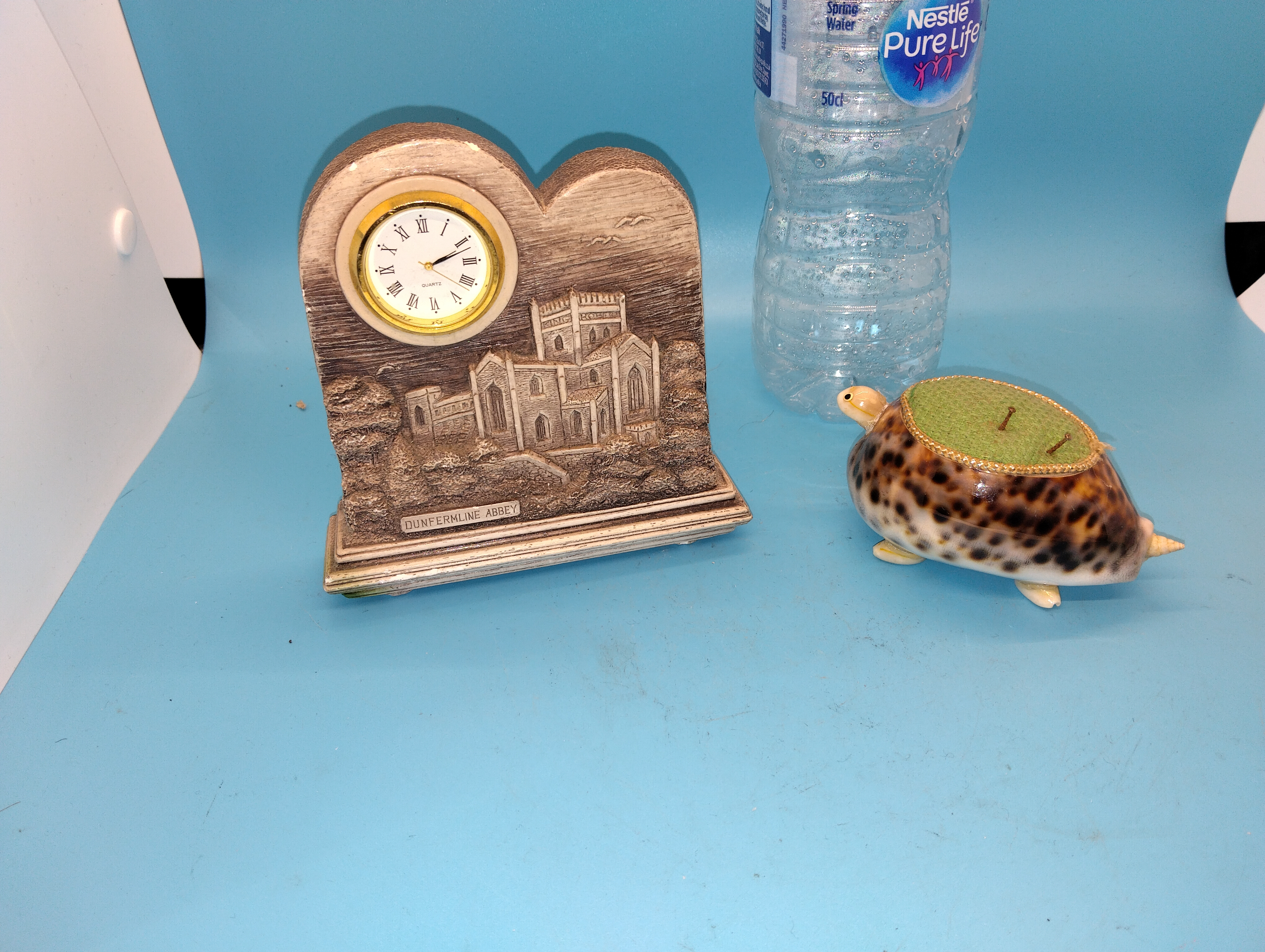 NICE COLLECTORS LOT A DUNFERMLINE ABBEY CLOCK AND TORTOISE SHELL PIN CUSHION