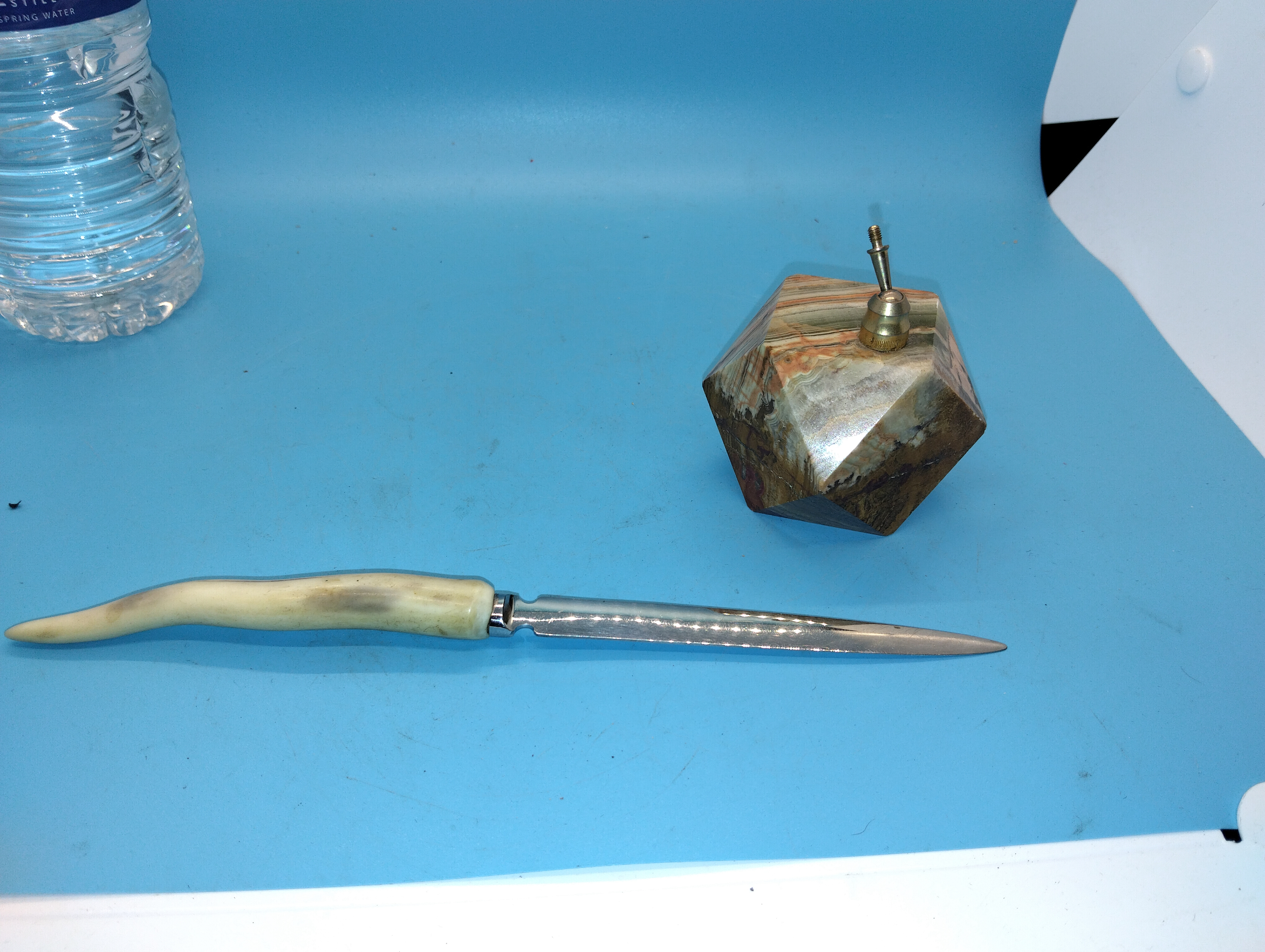 TWO COLLECTIBLE BONE HANDLED LETTER OPENER AND MARBLR PEN HOLDER PAPERWEIGHT