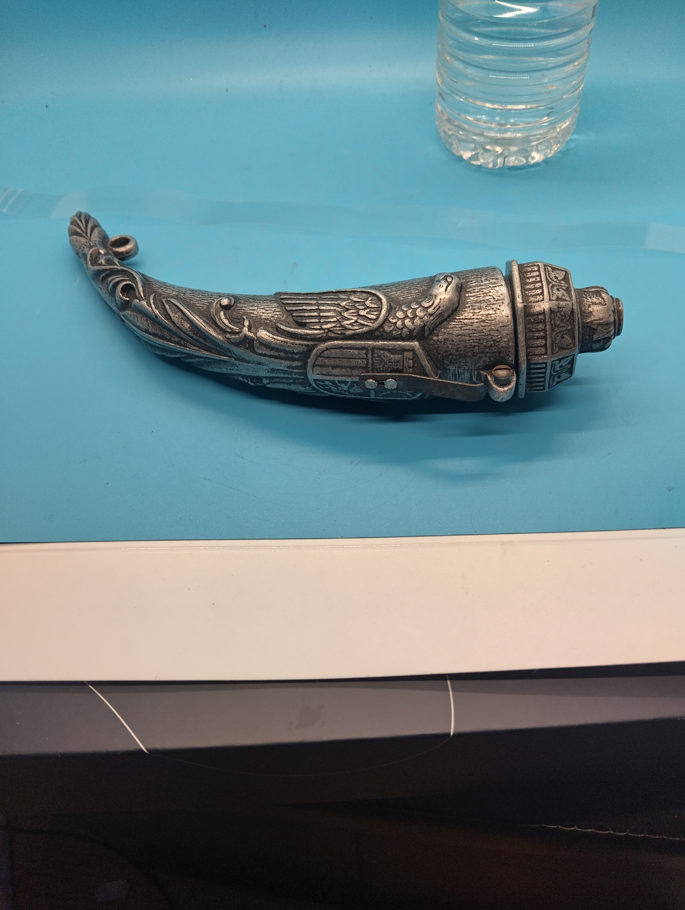 VERY NICE REPRO PEWTER POWDER FLASK