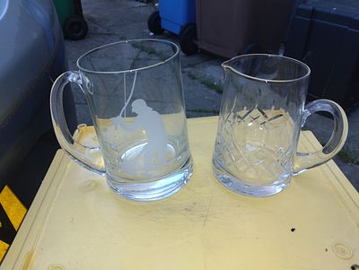 VERY NICE FISHING GLASS TANKARD AND WHISKY WATER JUG