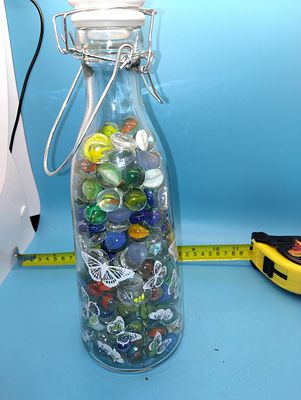 VERY NICE VINTAGE GLASS BOTTLE OF MARBLES / GLASS JEWELS