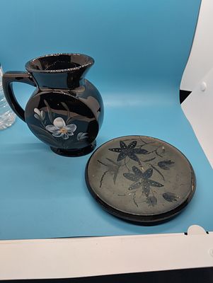 VERY COLLECTIBLE two pieces of Victorian Jet ware Hand-Painted Enamelled Black Tableware 