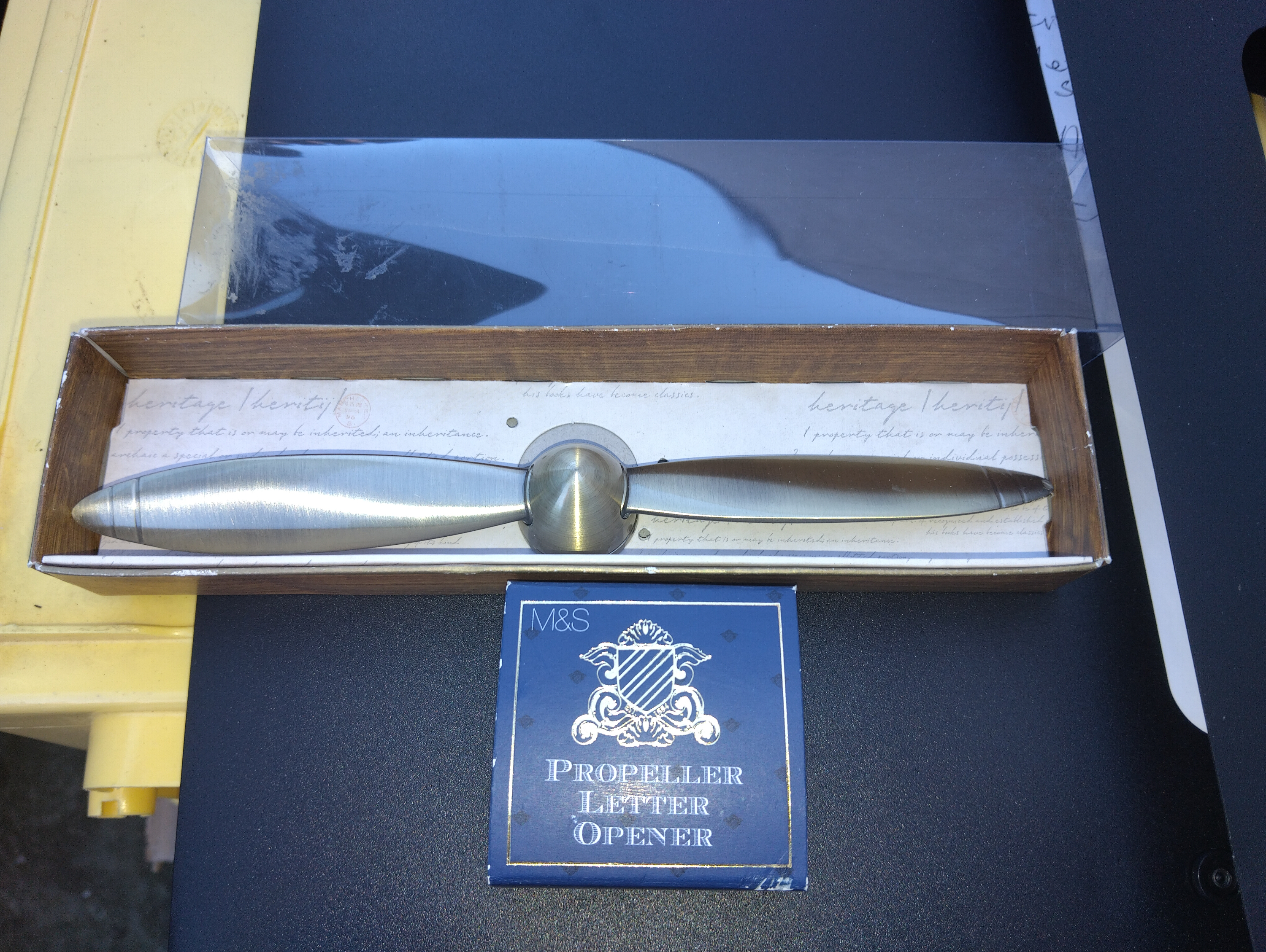 VERY NICE BOXED M&S BRASS PROPELLER LETTER OPENER