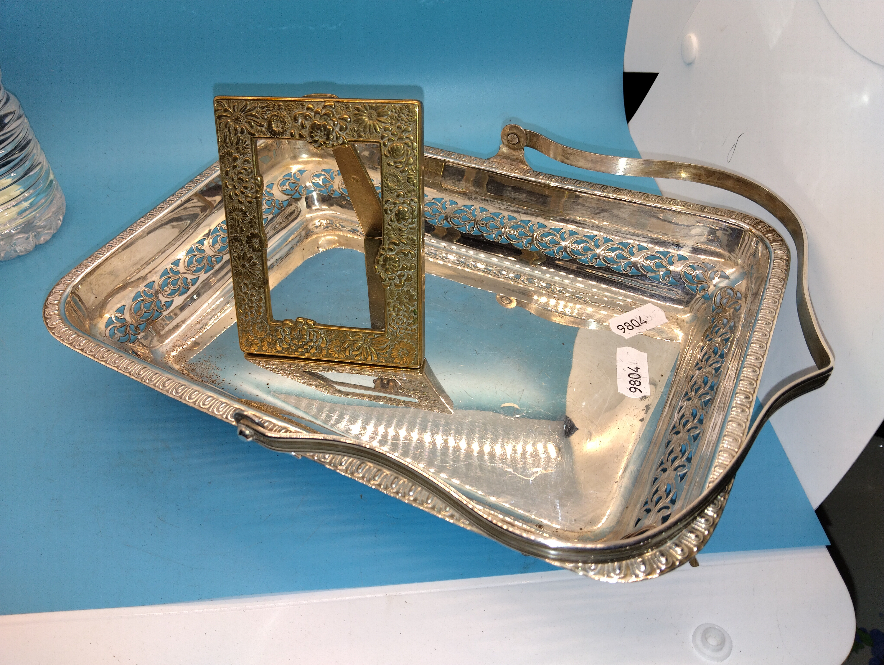 NICE SMALL HEAVY BRASS PICTURE FRAME NO G;ASS, AND PLATED BREAD BASKET