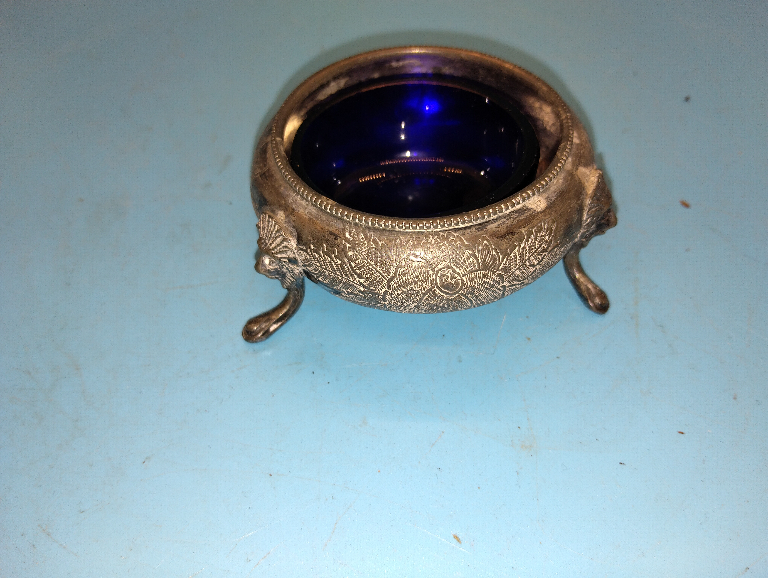 VERY NICE ANTIQUE PLATED SALT WITH BLUE LINER