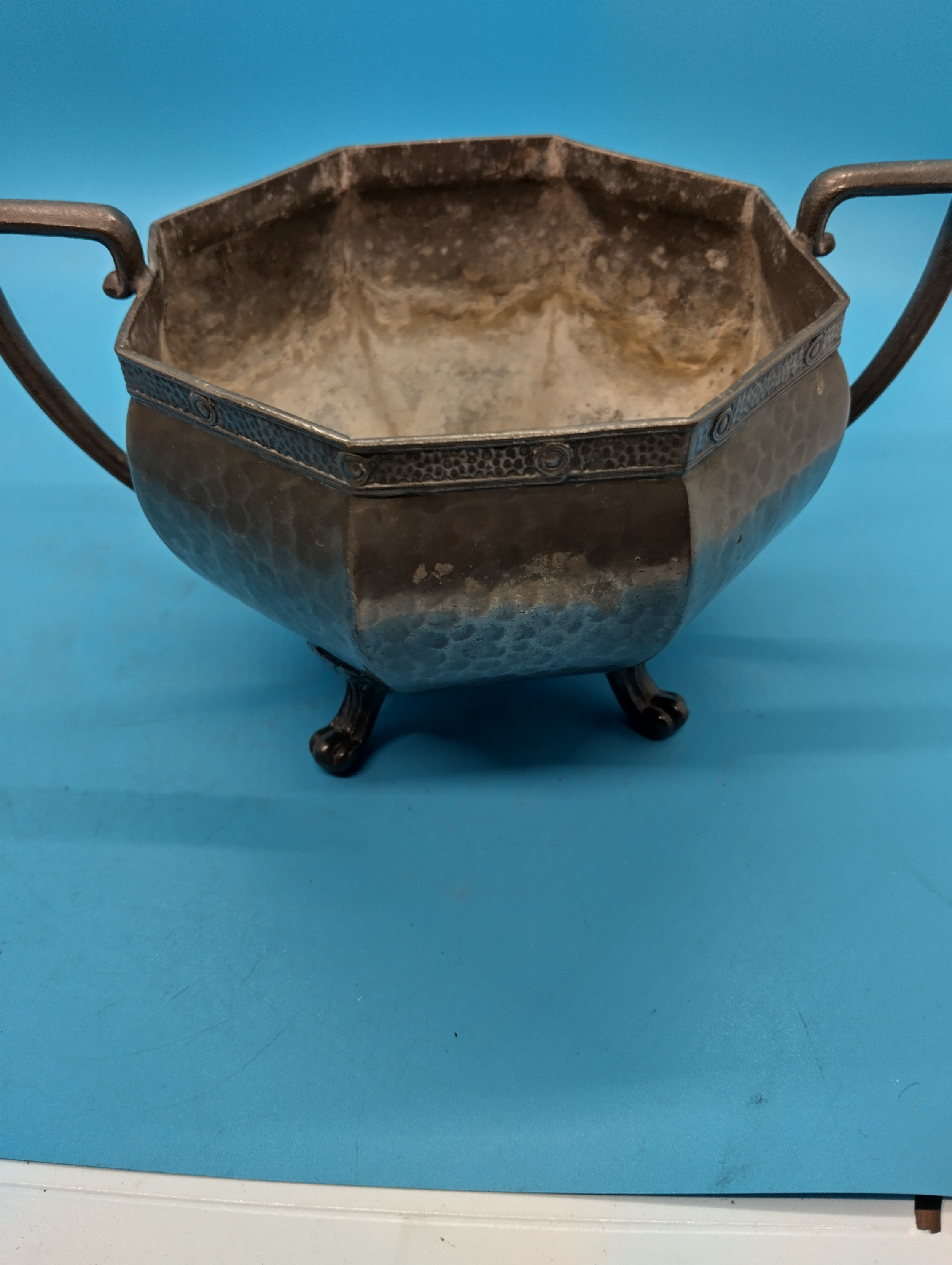 VERY NICE ANTIQUE SHEFFIELD HAND BEATEN PEWTER FOOTED BOWL
