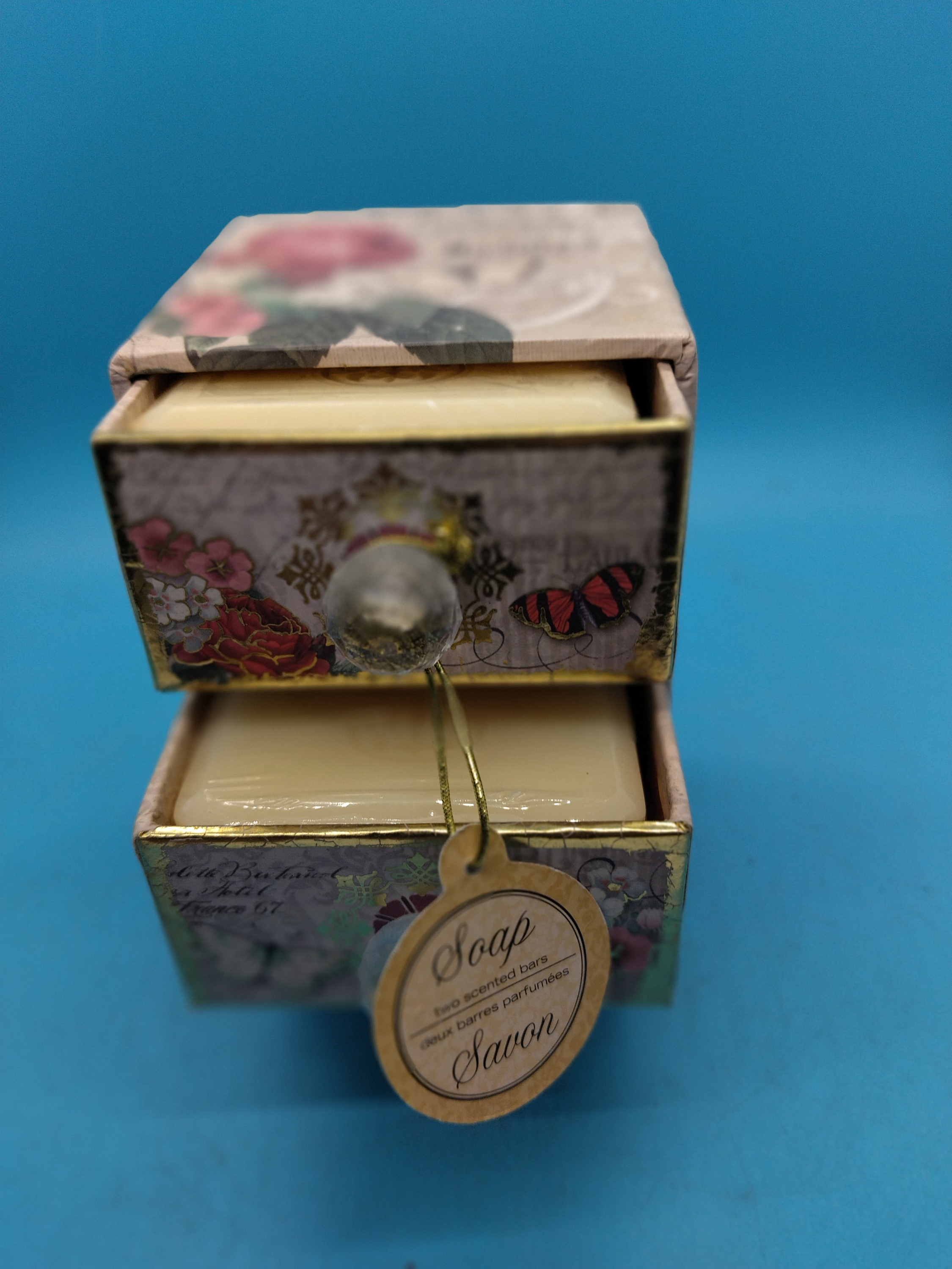 VERY NICE FRENCH MINITURE SET OF DRAWERS WITH SEALED SOAPS INSIDE