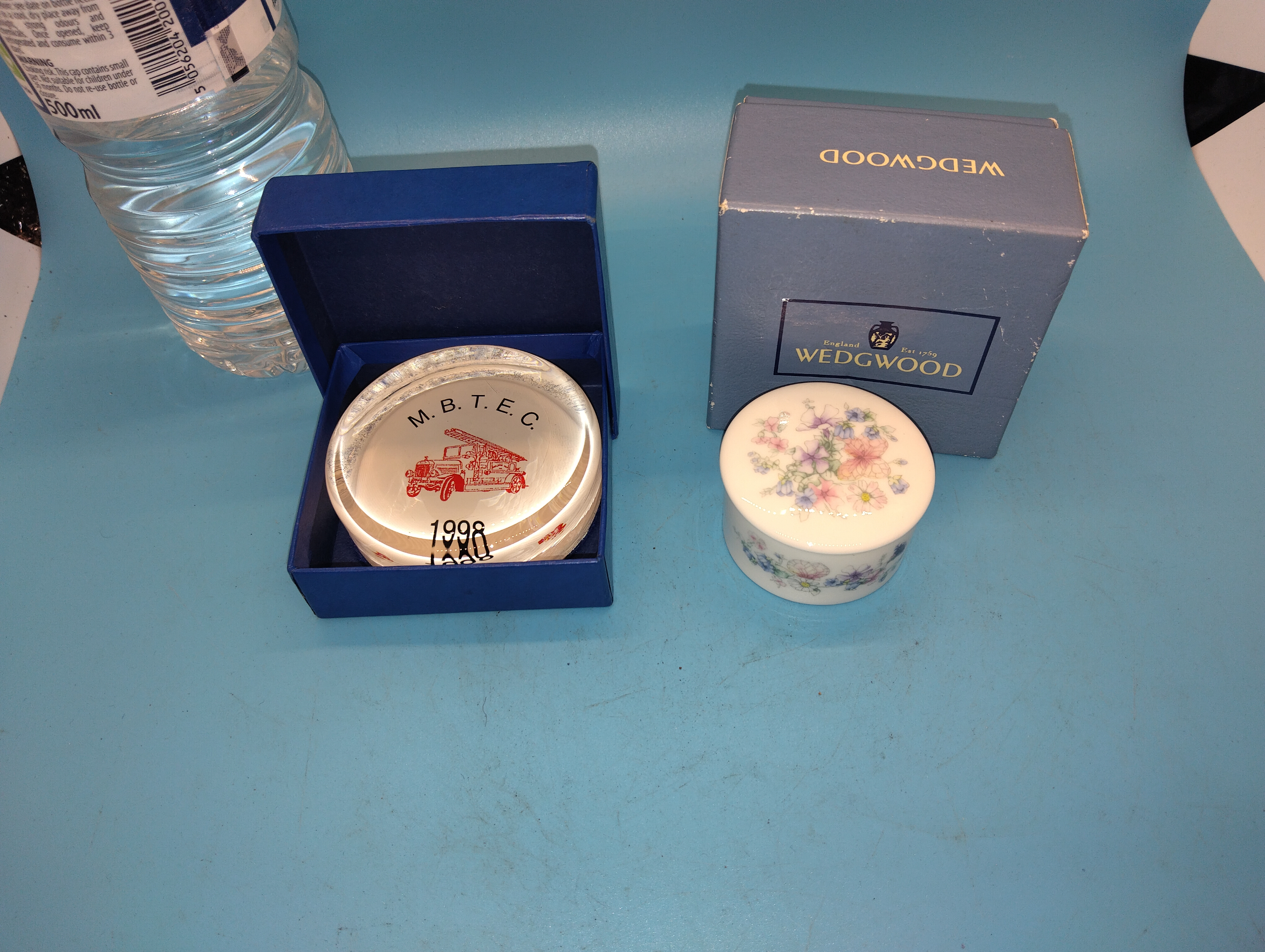 TWO BOXED LOTS A GLASS FIRE ENGINE GLASS PAPERWEIGHT AND WEDGWOOD ANGELA TRINKET POT